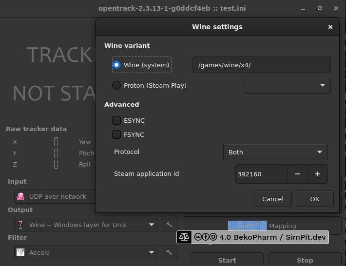 Wine settings for Opentrack with installed wine glue